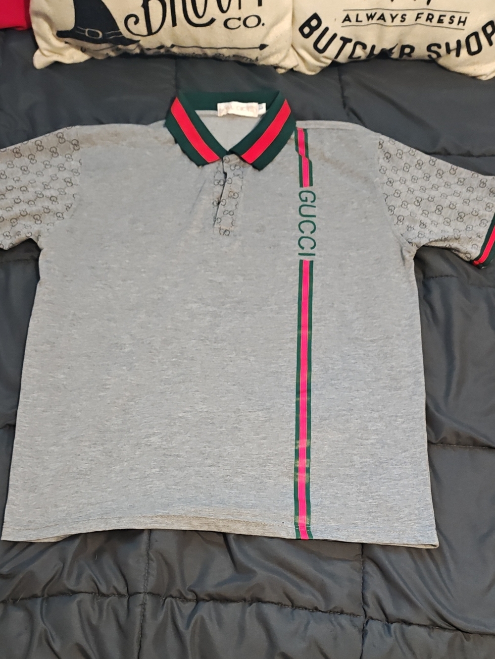 Gucci Gray Polo with Green & Red Stripe and Logo